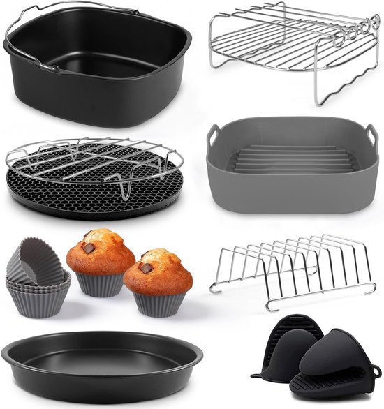 Accessoires – 19-delig - Geschikt voor XL en XXL Airfryers, Philips, Cosori 5.5L, Ninja, Cecotec, Tefal, Princess – BPA-vrij - Inclusief Siliconen Bakje en E-Receptenboek