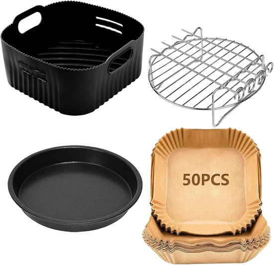 Accessoires 21CM - Airfryer accessoires Compatibel voor Philips 2000 Serie 6,2L (NA230/00), COSORI 5,5L 4,7L, Cecotec 6L, 4-delig: herbruikbare siliconenvorm, grillrooster, pizzapan