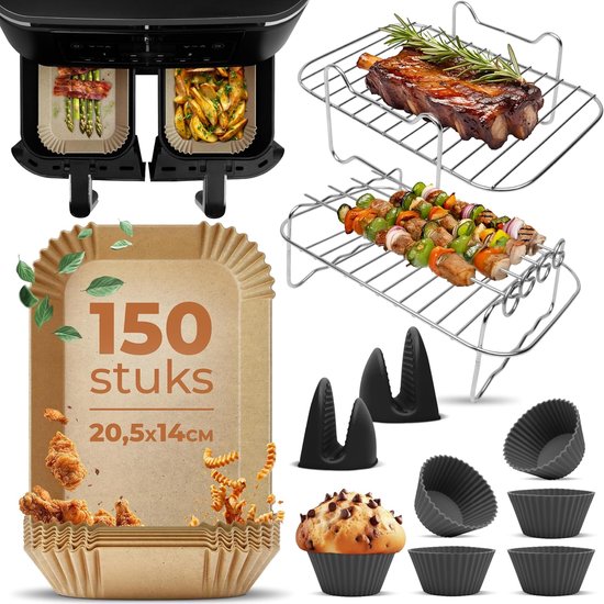 Accessoires – Heteluchtfriteuse Accessoires voor Dual Airfryers – Geschikt voor Ninja Foodi Max Dual Zone AF300EU AF400EU – 7.6L tot 9.5L – Inclusief Bakpapier en E-Receptenboek