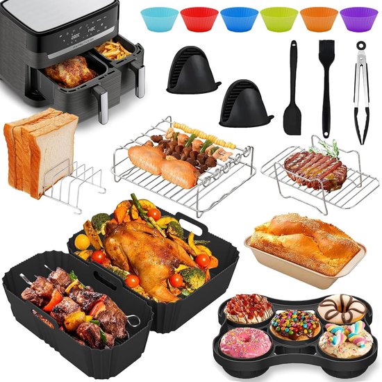Accessoires luchtfriteuse, voor Tefal EY9018 Dual Easy Fry 5.2/3.1L, accessoires voor Ninja-luchtfriteuse, bakvormen voor airfryer, grill, siliconen handschoenen enz