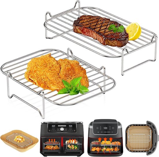 Accessoires stapelbaar grillrooster voor Dual Zone Airfryer 7,6L- 10L, 2-delige set roestvrij stalen grill-inzetstukken compatibel met Ninja, Cosori, Russell Hobbs