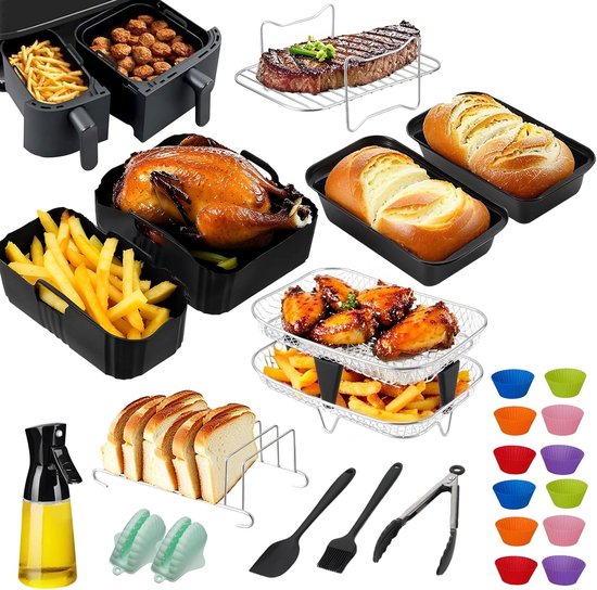Accessoires voor Philips Airfryer Dual Basket 3000-serie 6L + 3L, 24-delige accessoireset, siliconen vorm accessoireset, grillrooster met twee verdiepingen, bakvorm, toaststandaard