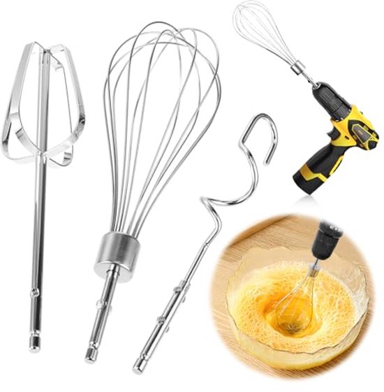 Accessoireset voor handmixer en boormachine - Garde, deeghaak en roerbezem set