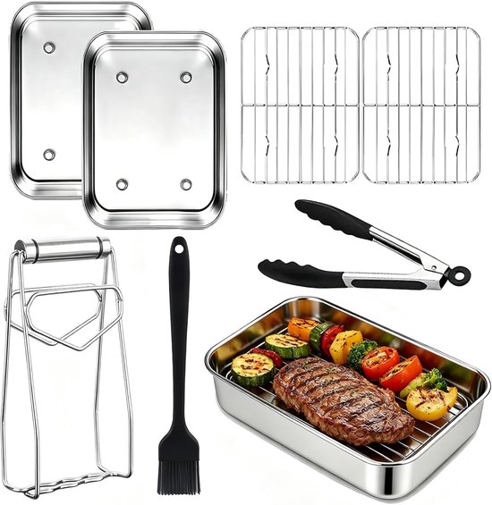 Accessoireset voor heteluchtfriteuse bevat accessoires: ovenschaal Airfryer roestvrij staal 304, rooster, plaatlifter, siliconen borstel en komklemmen, compatibel met AF500EU, AF400EU