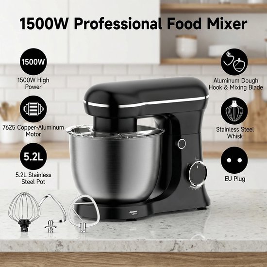 ACEP 60° Draaibare mixer - 5L - 1500W - Zwart - Mixer - Mixer met mengkom - Kitchenaid - Kitchenaid keukenmachine - Keukenmachine van Merkloos