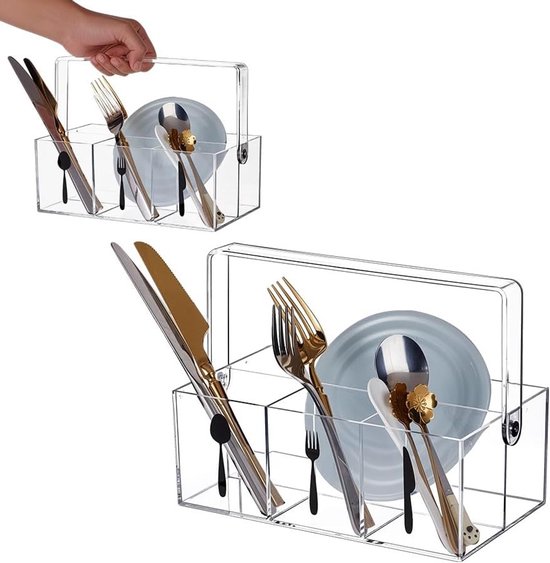 Acryl bestekopberger met handvat en 4 vakken voor keuken, picknick en feest, 13.5 cm, ideaal voor organisatie en opberging van Merkloos