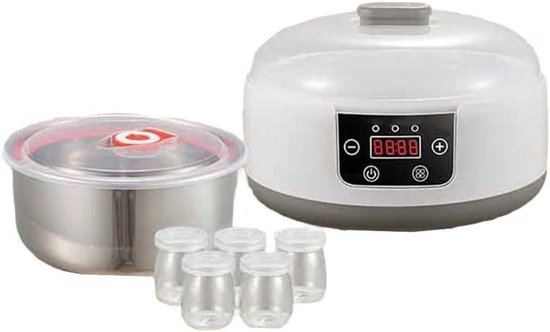 Adjustable temperature yogurt maker with timer and five glass jars, designed for healthy probiotic yogurt and fermented foods with transparent observation lid (European