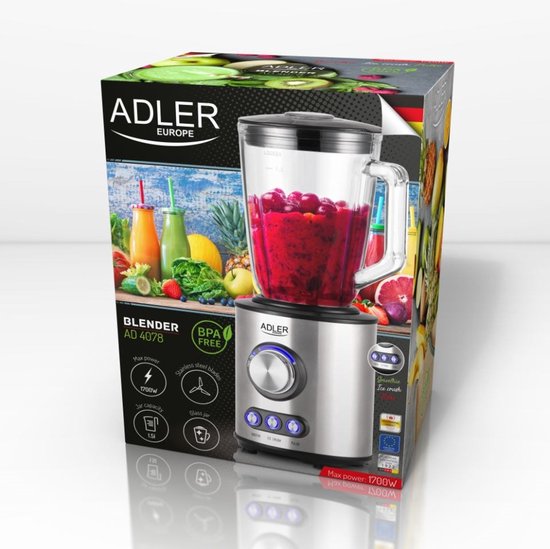 ADLER AD 4078 - Tafelblender - Glazen Kan van 1,5 L - 1700 W Maximaal Vermogen - 6 RVS Messen
