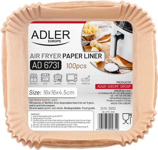 Adler AD 6731 Serie - Papieren Inzetstukken voor Airfryer - 16cm - Biologisch Afbreekbaar - Niet Klevend
