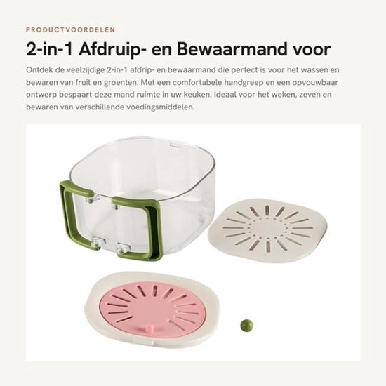 Afdruipmand 2-in-1 - Opvouwbaar - Zeef - Handgreep - Bewaarcontainer - 15x8,5cm - PP+PET - Vergiet