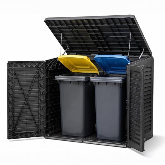 Afvalcontainerbox Voor 2 Vuilnisbakken - Zwart - Kunststof - 950 Liter Inhoud - Waterdicht - Buitenopslag
