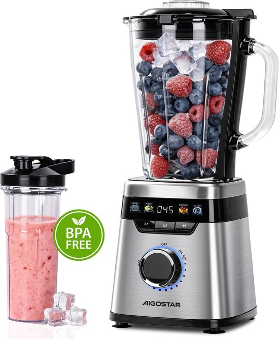 Aigostar Blender - Smoothie Maker - 1,75L Glazen Kan met To-Go Beker - IJscrusher & Zelfreinigend - Glas - Vaatwasserbestendig van Aigostar