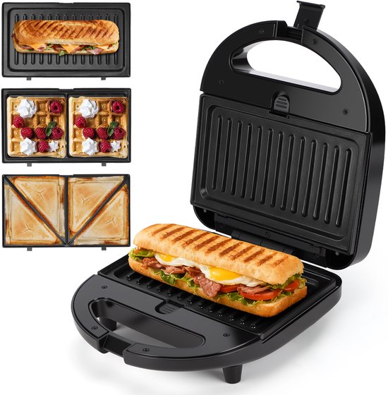 Aigostar Contactgrill - Tosti Apparaat - Wafelijzer - Tosti ijzer - 3 in 1 - 750W - Zwart van Aigostar