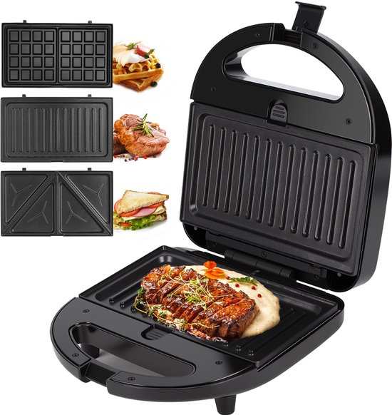 Aigostar Contactgrill - Wafelijzer - Tosti Apparaat - Tosti ijzer - 3 in 1 Contactgrill - 750W - Zwart van Aigostar