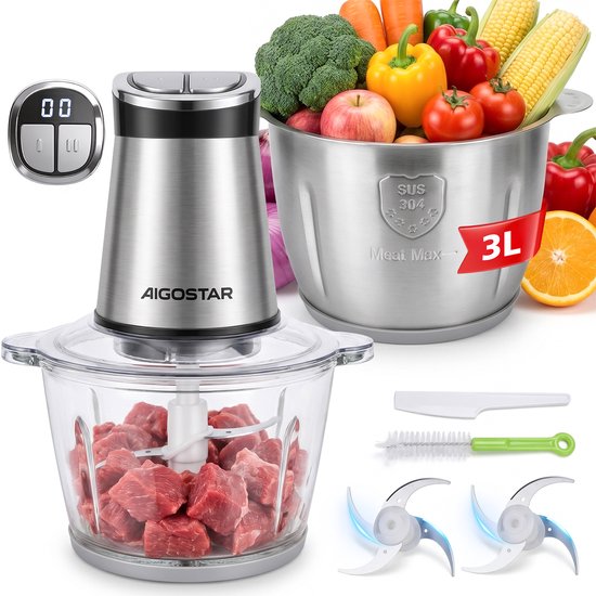 Aigostar Hakmolen Elektrisch - Food Chopper - RVS 3L Kom & Glazen 2L Kom - Timer - 2 Snelheden -400W van Aigostar