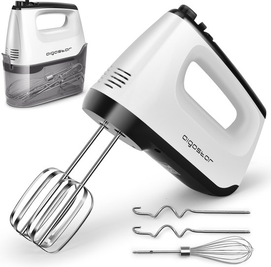 Aigostar Pudding 30XMJ - Handmixer - 6 snelheden en turbofunctie - Opslagbasis - Kloppers & Deeghaken & Garde - Mixer - 400W - RVS - Wit van Aigostar