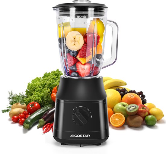Aigostar Swift B3NRY - Blender - Met Glazen Kan - Smoothie Maker - 1,5 L - 800W - Zwart van Aigostar