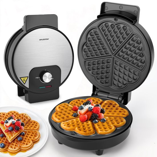 Aigostar Wafelijzer - 5 hartvormige wafels - Met Regelbare Temperatuur - 1000W - Anti aanbaklaag - Zwart - RVS - Crunchy van Aigostar