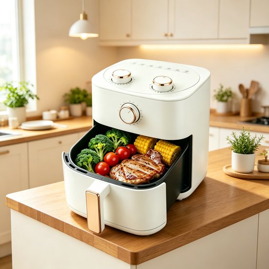 Airfryer met grote capaciteit van 6 liter – Maakt gebruik van 3D-warmtecirculatietechnologie voor olievrij koken (wit) Afmetingen 22,5*22,5*26 cm