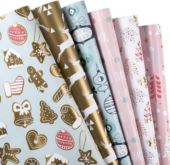 Allecto Plus - Inpakpapier met herten en kerstboom ontwerp - Ideaal voor Kerst en babyfeestje - 1 rol van 6 vellen - 445 x 76 cm per vel.