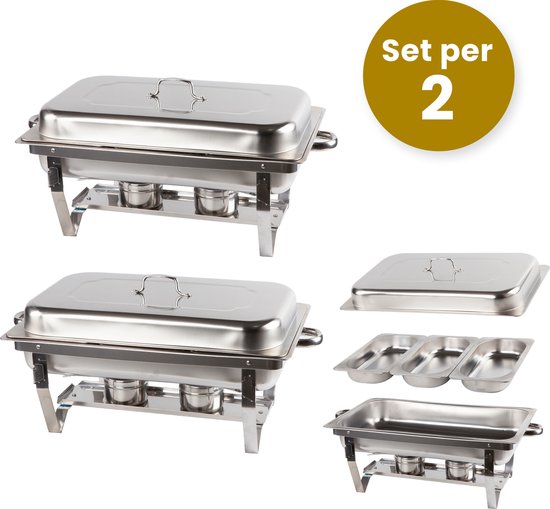 Alora Chafing Dish chrome 3 bakken per 2 - voedsel verwamer - voedsel warmhouden - met deksel - buffetwarmer - roestvrij staal - chrome - warmhoudplaat - bain maria - warmhoudbakken - Warmhoudschalen