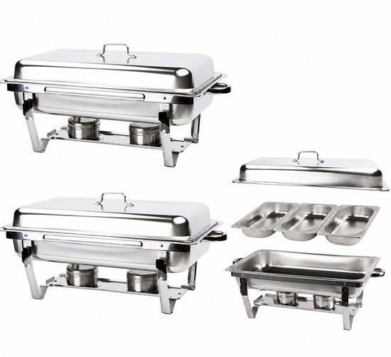 Alora Chafing Dish chrome 3 bakken per 2 - Voedsel Verwamer - Voedsel Warmhouden - met Deksel - Buffetwarmer - Roestvrij Staal - Chrome - Warmhoudplaat - Bain Marie - Warmhoudbakken - Warmhoudschalen