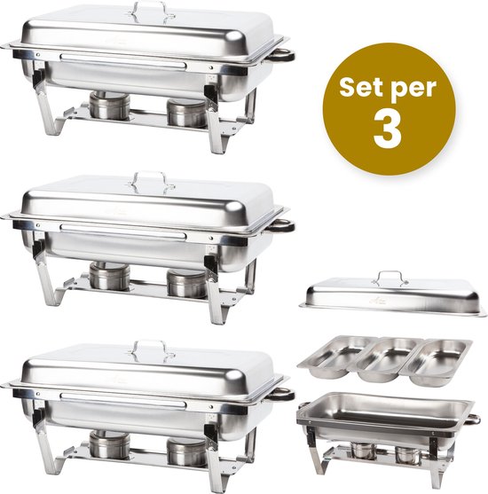 Alora Chafing Dish chrome 3 bakken per 3 - Voedsel Verwamer - Voedsel Warmhouden - met Deksel - Buffetwarmer - Roestvrij Staal - Chrome - Earmhoudplaat - Bain Marie - Warmhoudbakken - Warmhoudschalen