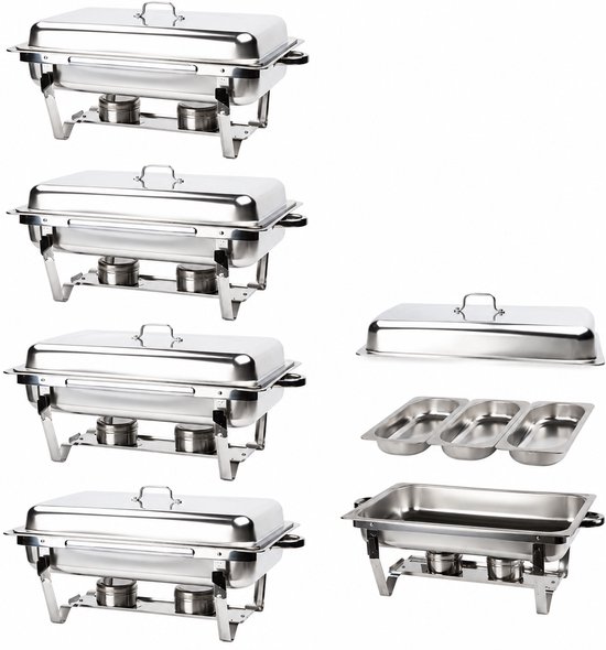 Alora Chafing Dish chrome 3 bakken per 4 - Voedsel Verwamer - Voedsel Warmhouden - met Deksel - Buffetwarmer - Roestvrij Staal - Chrome - Earmhoudplaat - Bain Marie - Warmhoudbakken - Warmhoudschalen