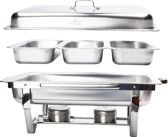 Alora Chafing Dish chrome 3 bakken - Voedsel Verwamer - Voedsel Warmhouden - met Deksel - Buffetwarmer - Roestvrij Staal - Chrome - Earmhoudplaat - Bain Marie - Warmhoudbakken - Warmhoudschalen