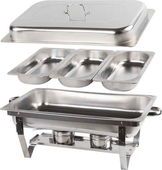 Alora Chafing Dish chrome 3 bakken - voedsel verwamer - voedsel warmhouden - met deksel - buffetwarmer - roestvrij staal - chrome - warmhoudplaat - bain maria - warmhoudbakken - Warmhoudschalen