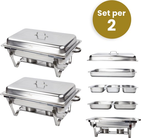 Alora Chafing Dish Chrome 6 bakken per 2 - Voedsel Verwamer - Voedsel Warmhouden - met Deksel - Buffetwarmer - Roestvrij Staal - Warmhoudplaat - Bain Maria - Warmhoudbakken - Warmhoudschalen