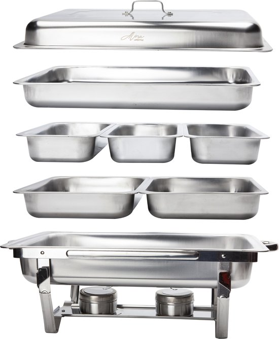 Alora Chafing Dish Chrome 6 bakken - Voedsel Verwamer - Voedsel Warmhouden - met Deksel - Buffetwarmer - Roestvrij Staal - Warmhoudplaat - Bain Maria - Warmhoudbakken - Warmhoudschalen