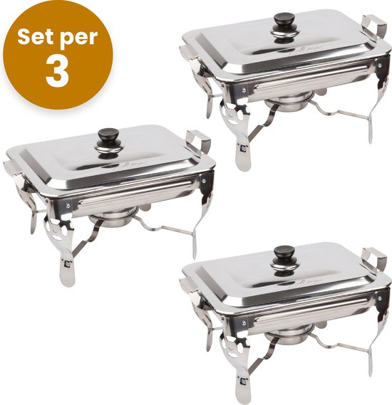 Alora Chafing Dish chrome - Set van 3 - voedsel verwamer - voedsel warmhouden - met deksel - buffetwarmer - roestvrij staal - chrome - warmhoudplaat - bain maria - warmhoudbakken - 35 x 28 x 25cm - Warmhoudschalen