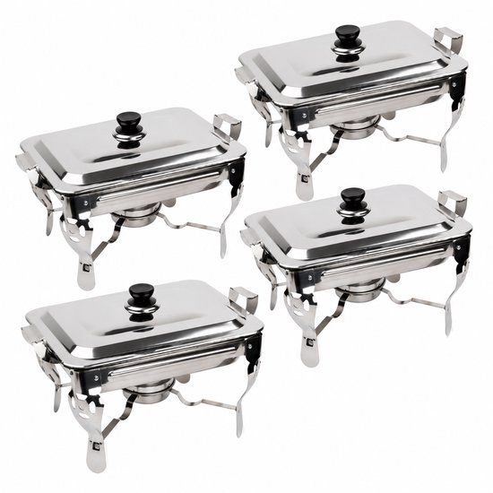 Alora Chafing Dish chrome - Set van 4 - voedsel verwamer - voedsel warmhouden - met deksel - buffetwarmer - roestvrij staal - chrome - warmhoudplaat - bain maria - warmhoudbakken - 35 x 28 x 25cm - Warmhoudschalen