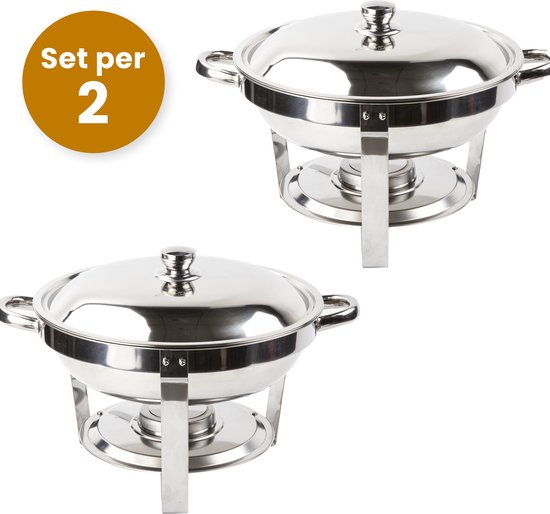 Alora chafing dish rond 4.5L per 2 - geschikt voor soep - buffet - Set van 2 - voedsel verwamer - voedsel warmhouden - met deksel - buffetwarmer - roestvrij staal - 4.5 liter inhoud - warmhoudplaat - bain maria - warmhoudbakken - Warmhoudschalen