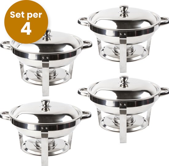 Alora chafing dish rond 4.5L per 4 - geschikt voor soep - buffet - Set van 4 - voedsel verwamer - voedsel warmhouden - met deksel - buffetwarmer - roestvrij staal - 4.5 liter inhoud - warmhoudplaat - bain maria - warmhoudbakken - Warmhoudschalen