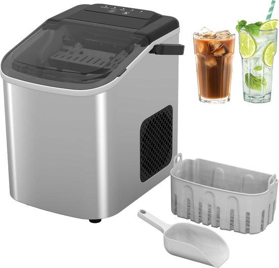 Alora IJsblokjesmachine - IJsblokjes in 6 Min - 10kg per Dag - 2 Formaten S/L - Zelfreinigend - RVS Design - Compacte Ijsmachine voor Thuis en Feestjes
