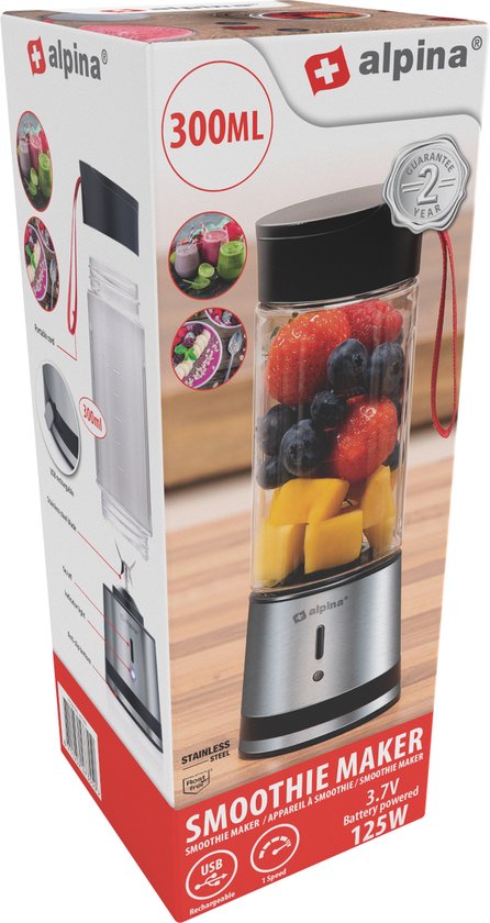 alpina Blender to Go 300ml - USB Oplaadbare Mini Blender - Draagbare Smoothie Maker 125W - RVS Keukenmixer met 1 Snelheid - Zilver van Alpina