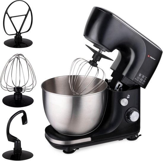 alpina Food Processor - 3 Accessories - Stainless Steel Bowl - Bowl Lighting - Kneading, Mixing, Beating - Black
