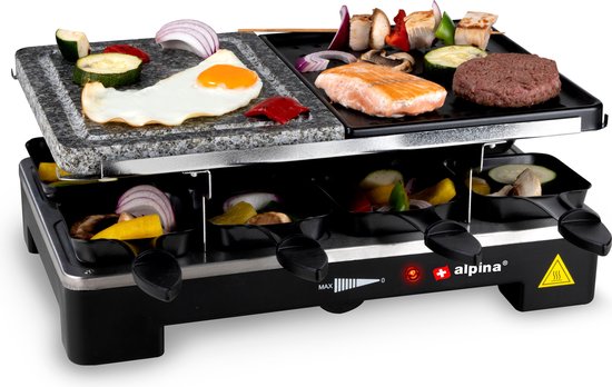 alpina Gourmetstel XL 8 Personen - Bakplaat met 8 Raclette Pannetjes en Spatels - Grillplaat met Regelbare Thermostaat - 1400W