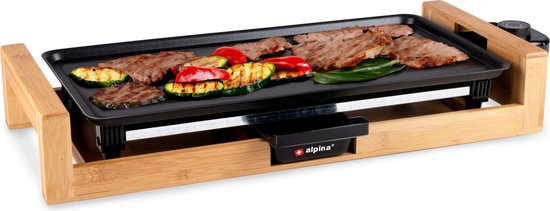 alpina Teppanyaki Bakplaat 2000W - Gourmet Grillplaat XL - Tafelgrill met Instelbare Thermostaat - Grill Plaat 43 x 22,5 cm - voor 2 tot 4 Personen - Anti-Aanbaklaag - Bamboo/RVS