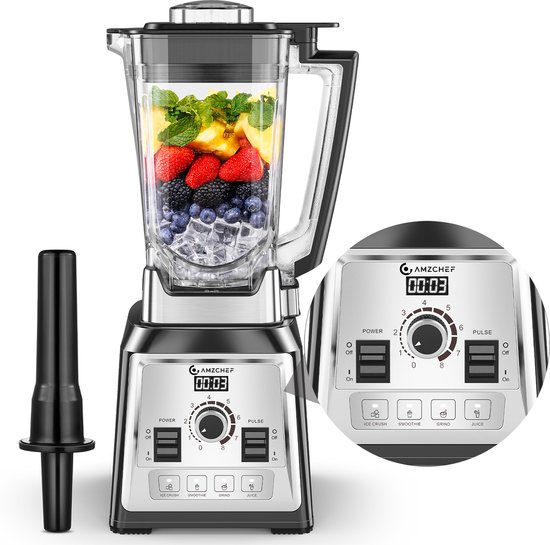 AMZCHEF 2000W Smoothie Blender – 2L Tritan Kan, 8 Standen + 4 Programma’s, 8 Roestvrijstalen Messen, Zelfreinigend – BPA-vrij van AMZCHEF