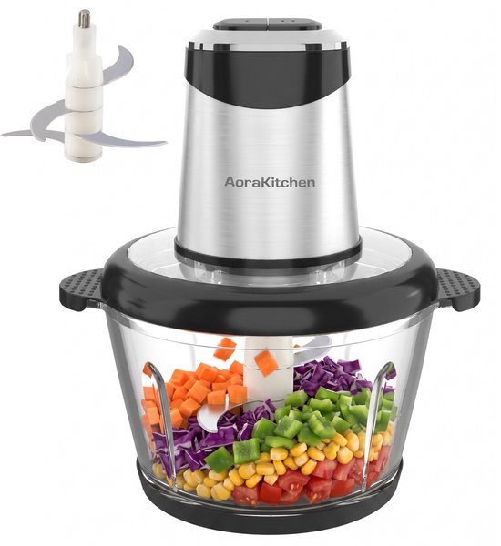 AoraKitchen Hakmolen Electrisch - 2L Glazen Kom - BPA-Vrij - 400W - 2 Snelheden - RVS - Elektrische Hakmolen - Food Chopper van AoraKitchen