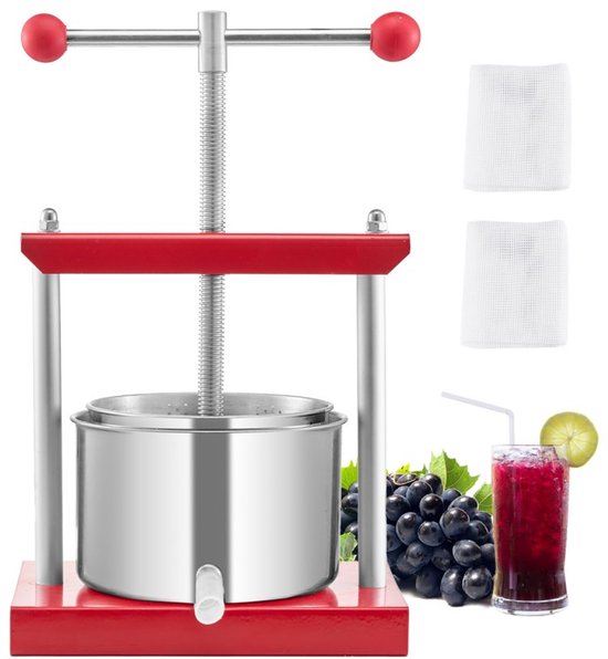 Appel- en Ciderpers - Handmatige Fruit- en Druivenpers 3 L - 2 RVS Vaten - T-greep Hefboom - Geschikt voor Appels, Druiven en Olijven