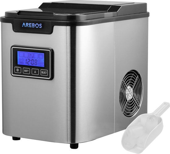 AREBOS IJsblokjesmachine | Ice Maker | Roestvrij staal, productietijd van 8 tot 13 minuten | 3 Ijsblokjesmaten | LCD-display