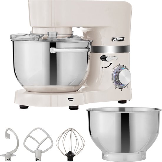 AREBOS Keukenmachine - 1500W - Keukenrobot - 5,5L&4,5L - Keukenmixer - Foodprocessor - Roestvrij Stalen Mengkom - 6 Snelheden - Crème van AREBOS