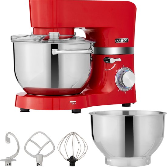 AREBOS Keukenmachine - 1500W - Keukenrobot - 5,5L&4,5L - Keukenmixer - Foodprocessor - Roestvrij Stalen Mengkom - 6 Snelheden - Rood van AREBOS