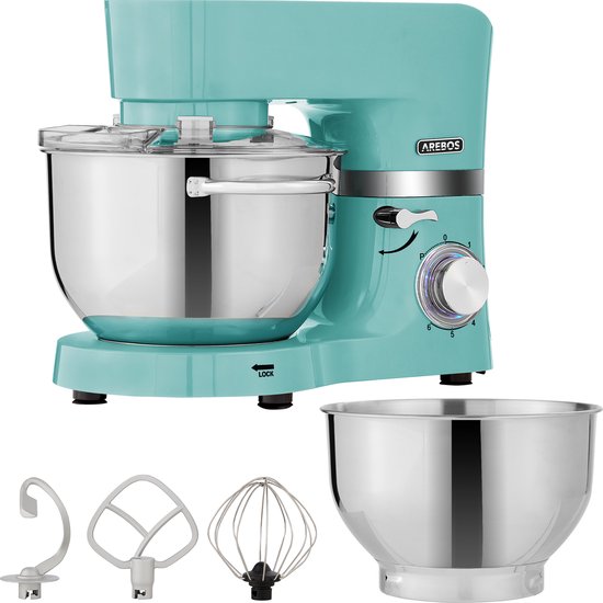 AREBOS Keukenmachine - 1500W - Keukenrobot - 5,5L&4,5L - Keukenmixer - Foodprocessor - Roestvrij Stalen Mengkom - 6 Snelheden - Turquoise van AREBOS