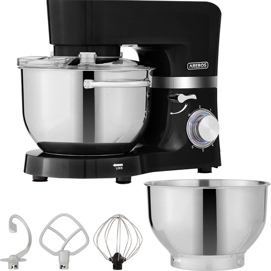 AREBOS Keukenmachine - 1500W - Keukenrobot - 5,5L&4,5L - Keukenmixer - Foodprocessor - Roestvrij Stalen Mengkom - 6 Snelheden - Zwart van AREBOS
