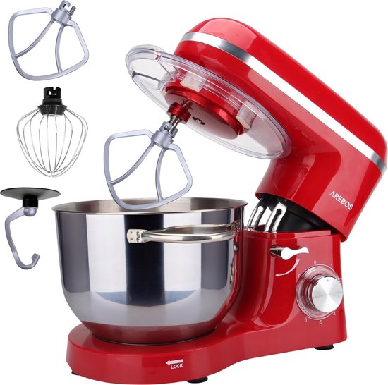 AREBOS Keukenmachine - 1500W - Keukenrobot - 6L - Keukenmixer - Foodprocessor - Roestvrij Stalen Mengkom - 6 Snelheden - Rood van AREBOS